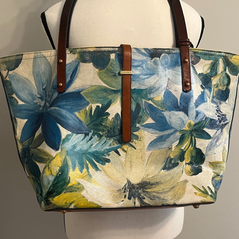 Brahmin Blue and Green Floral Tote with Brown Accents